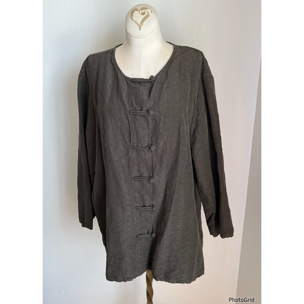 Eileen Fisher Olive Green Frog Closure Jacket Silk Linen Blend